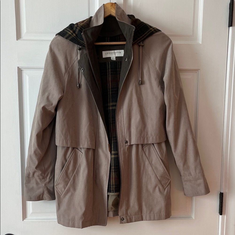 Liz Claiborne Petite - Taupe Hooded Jacket with Plaid Lining